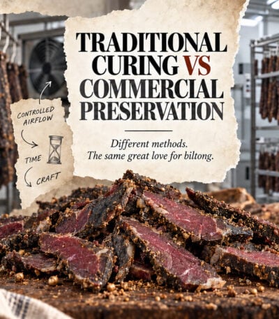 Traditional curing vs commercial preservation, showing authentic hanging and sliced South African biltong beside an industrial processing system.