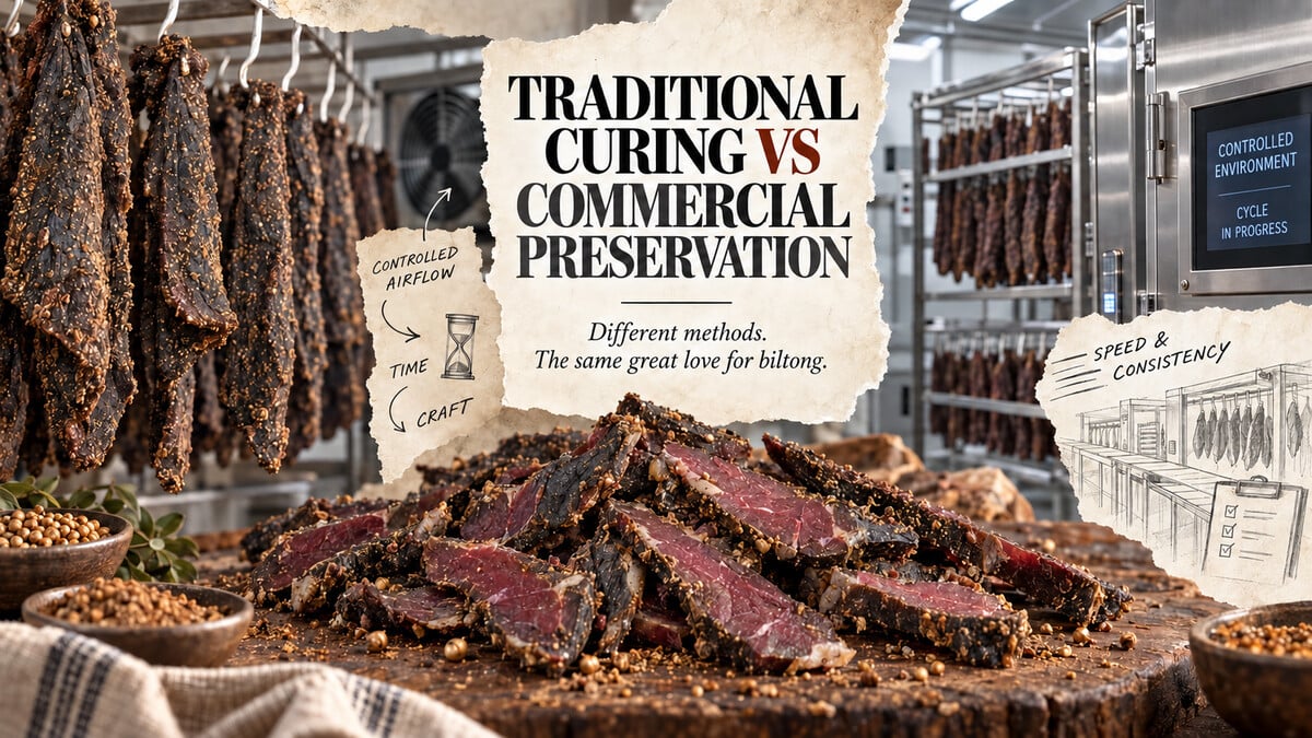 Traditional curing vs commercial preservation, showing authentic hanging and sliced South African biltong beside an industrial processing system.
