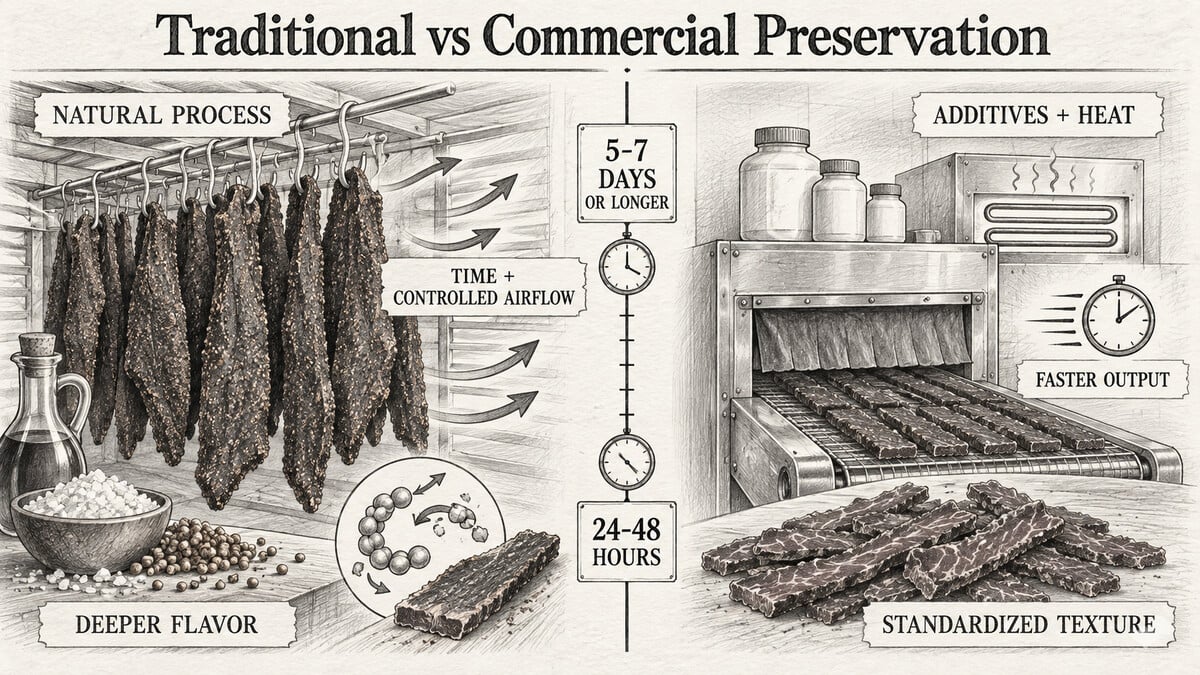Pencil infographic comparing traditional biltong air-curing over 5 to 7 days or longer with commercial heat processing completed in 24 to 48 hours.Title: Traditional vs Commercial Meat Preservation